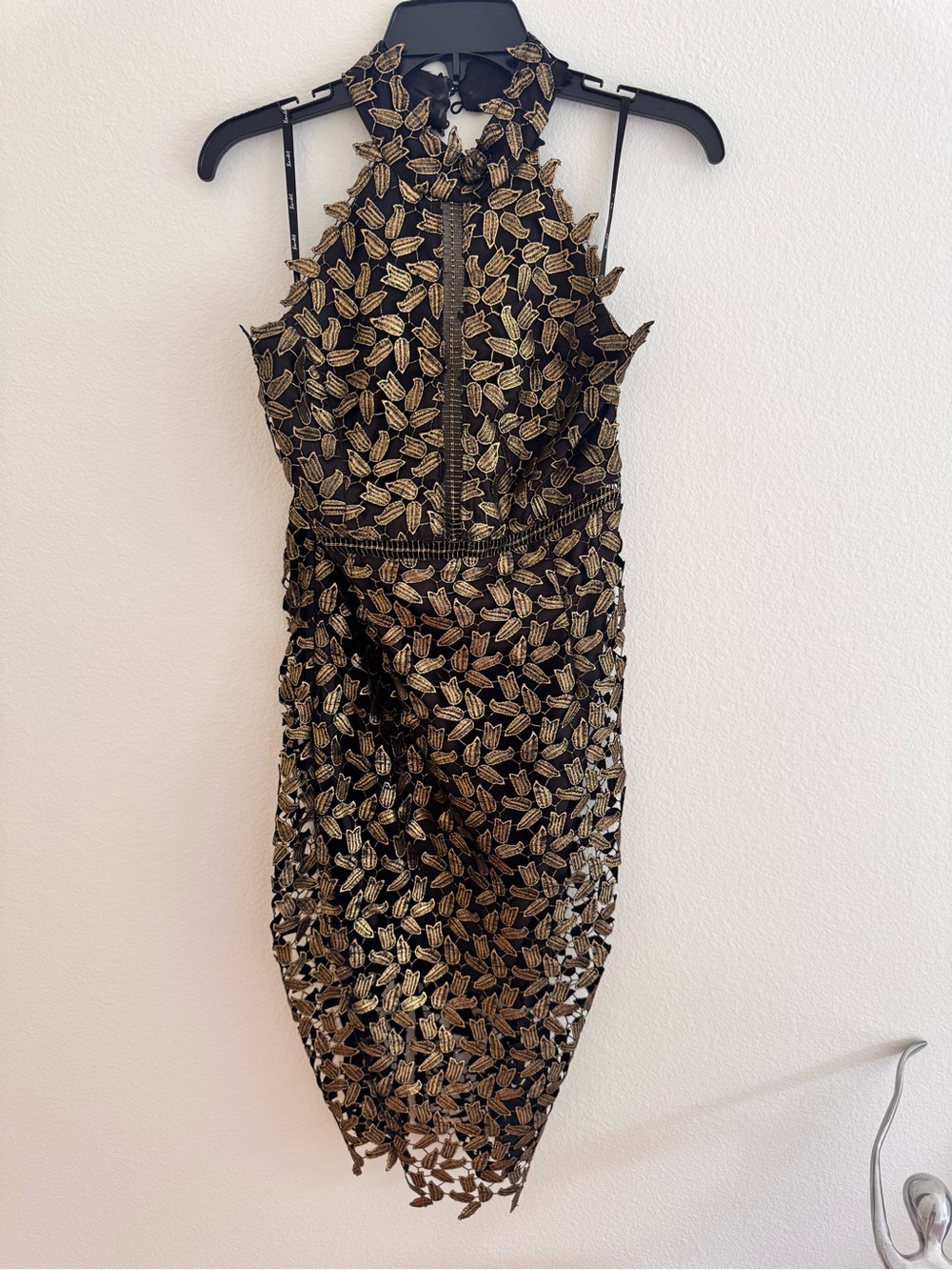 BARDOT Black Dress with Gold Leaf Appliqué Midi